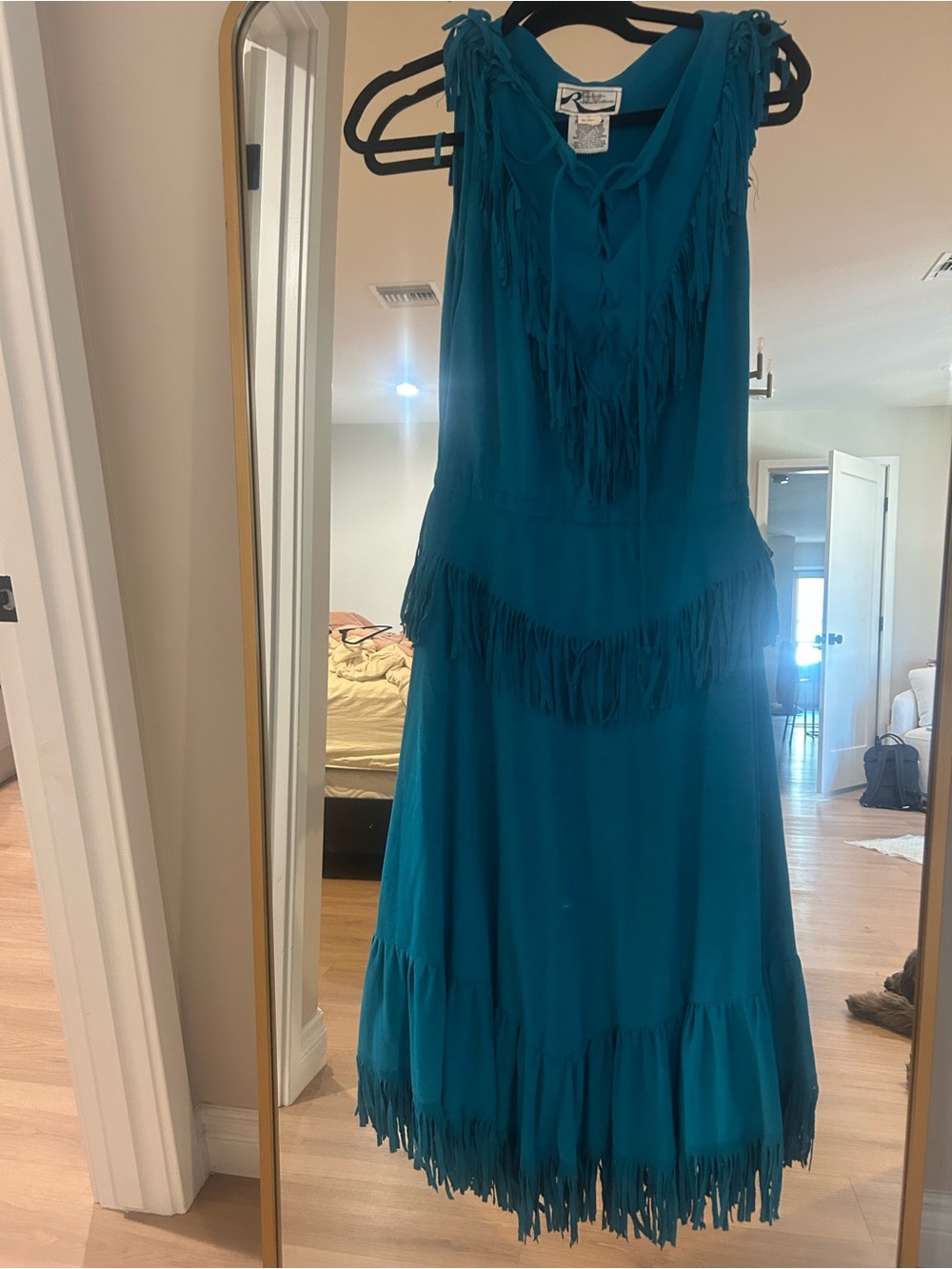Western vintage Teal Fringe Dress Mary Martin for Rainbow of California